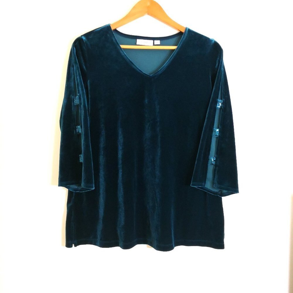Susan Graver Velvet‎ V Neck 3/4 Sparkling Cut Out Sleeves Top Teal Green Size S